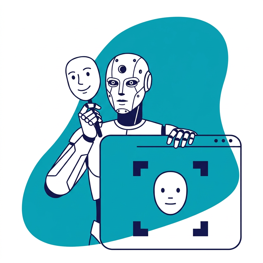 AI identity trust: a robot holding a friendly mask in front of a digital interface